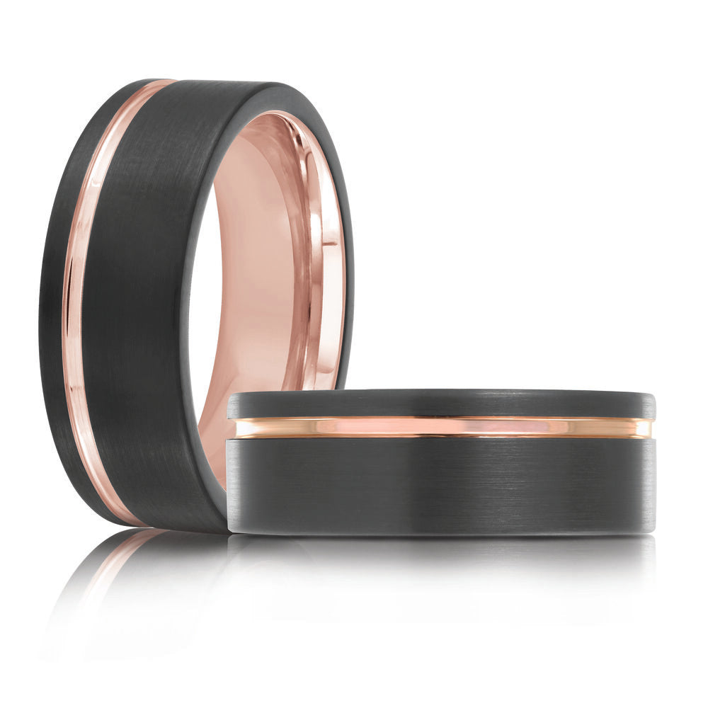 8mm Matte Black Tungsten Band with Rose Gold Groove & Interior