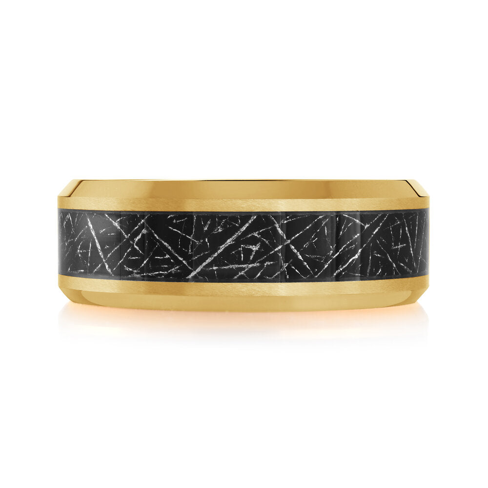 8mm Gold Tungsten Beveled Band with Etched Black Inlay