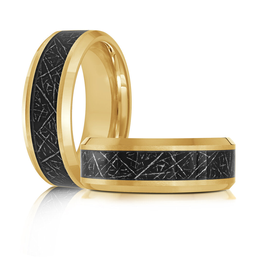 8mm Gold Tungsten Beveled Band with Etched Black Inlay