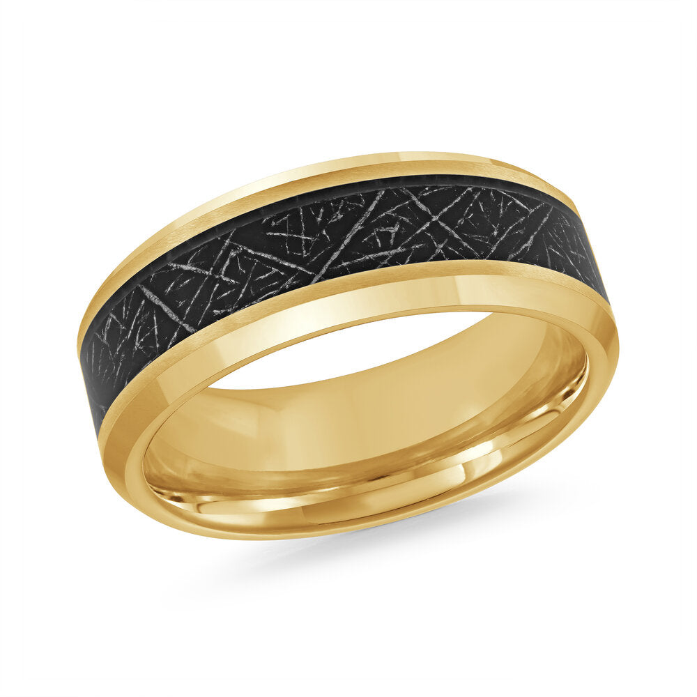 8mm Gold Tungsten Beveled Band with Etched Black Inlay