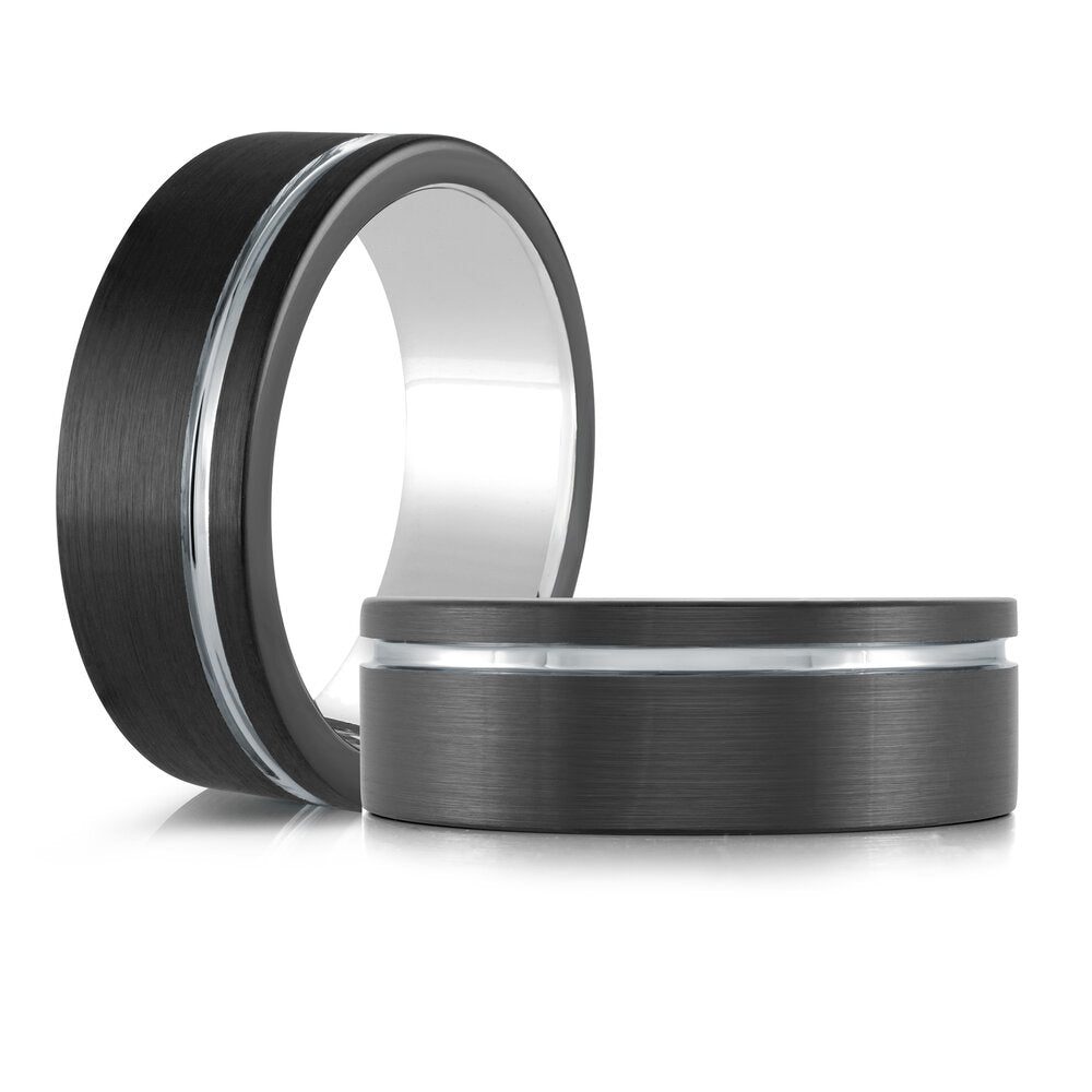 8mm Matte Black Tungsten Band with Silver Groove & Interior