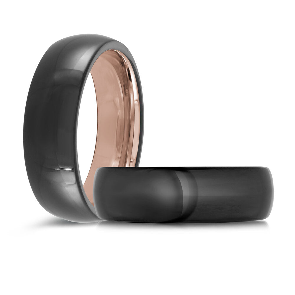 7mm Domed Black Tungsten Band with Rose Gold Interior