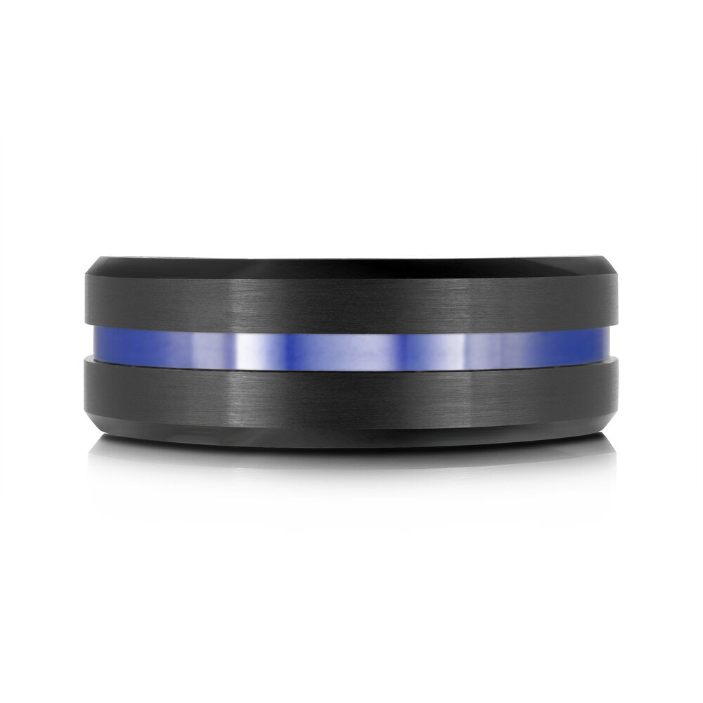 8mm Black Tungsten Band with Blue Interior and a Blue Center Groove