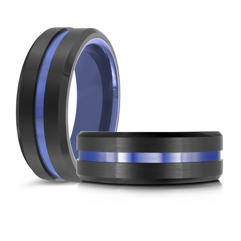 8mm Black Tungsten Band with Blue Interior and a Blue Center Groove