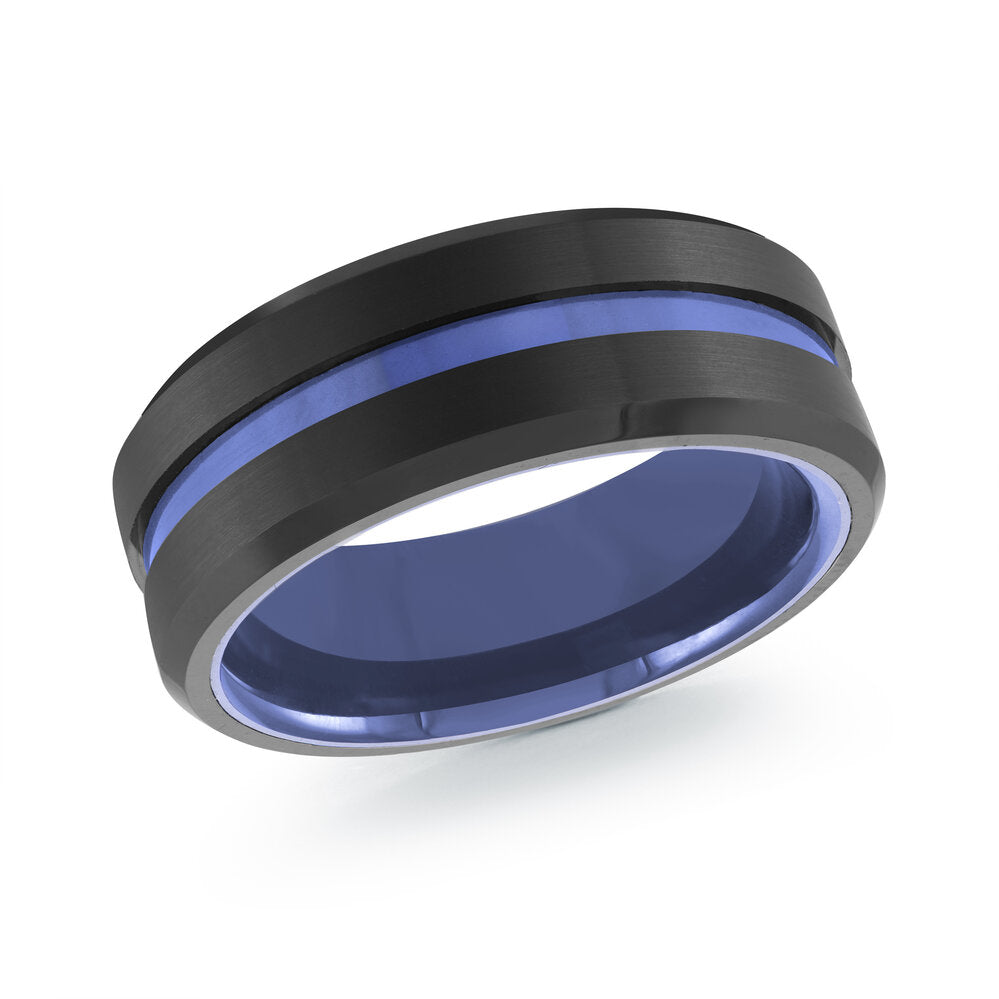 8mm Black Tungsten Band with Blue Interior and a Blue Center Groove
