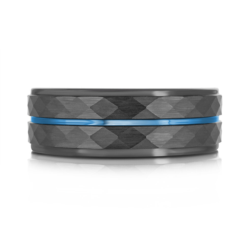 8mm Black Textured Tungsten Band with Blue Center Groove
