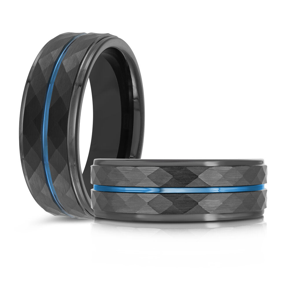 8mm Black Textured Tungsten Band with Blue Center Groove