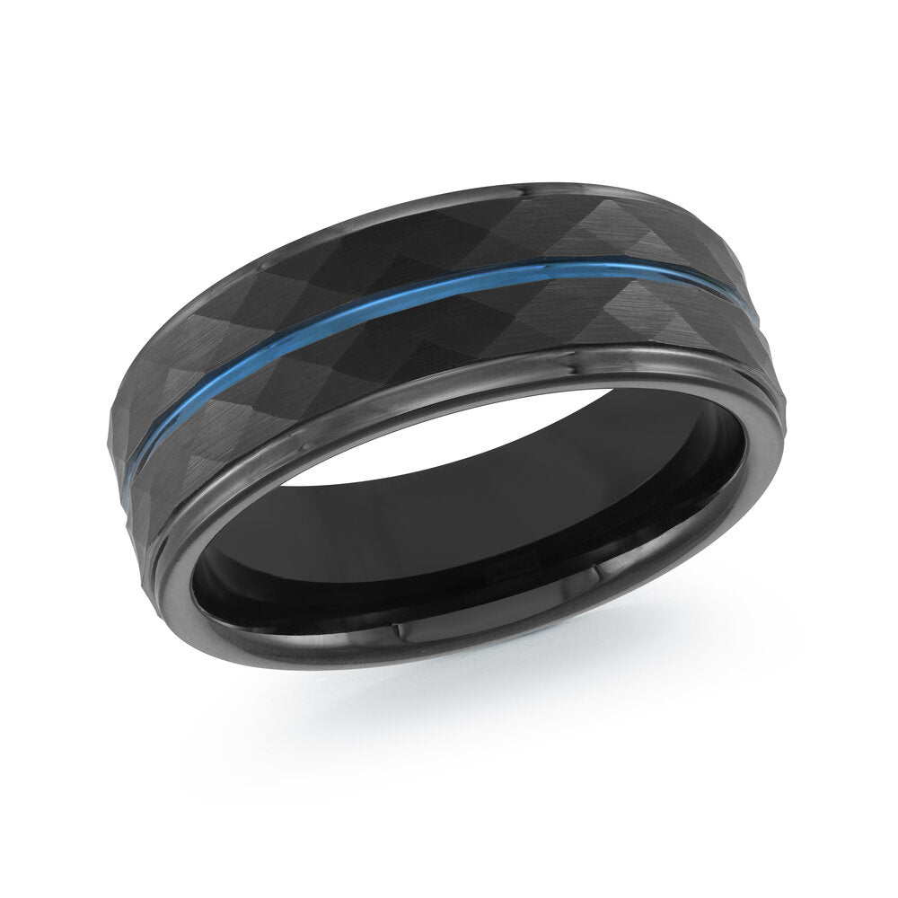 8mm Black Textured Tungsten Band with Blue Center Groove