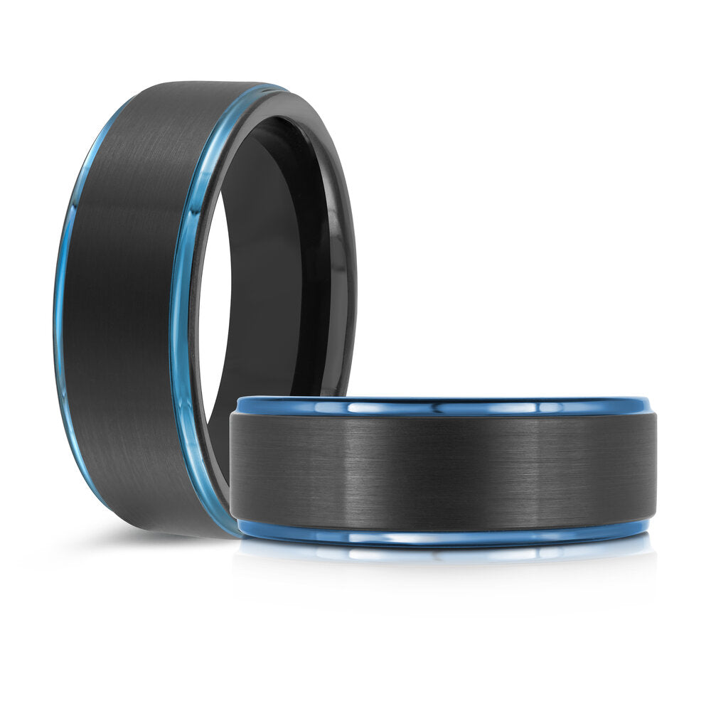 8mm Black Tungsten Band with Blue Edges