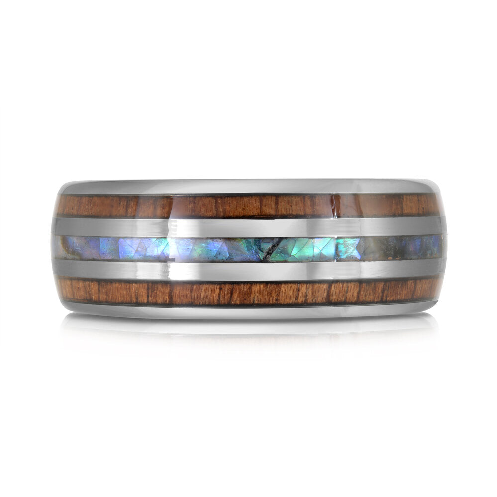 8mm White Tungsten Band with Koa Wood & Abalone Inlays