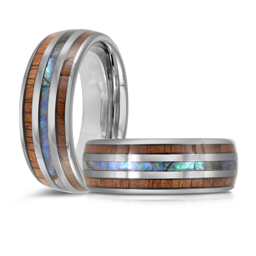 8mm White Tungsten Band with Koa Wood & Abalone Inlays