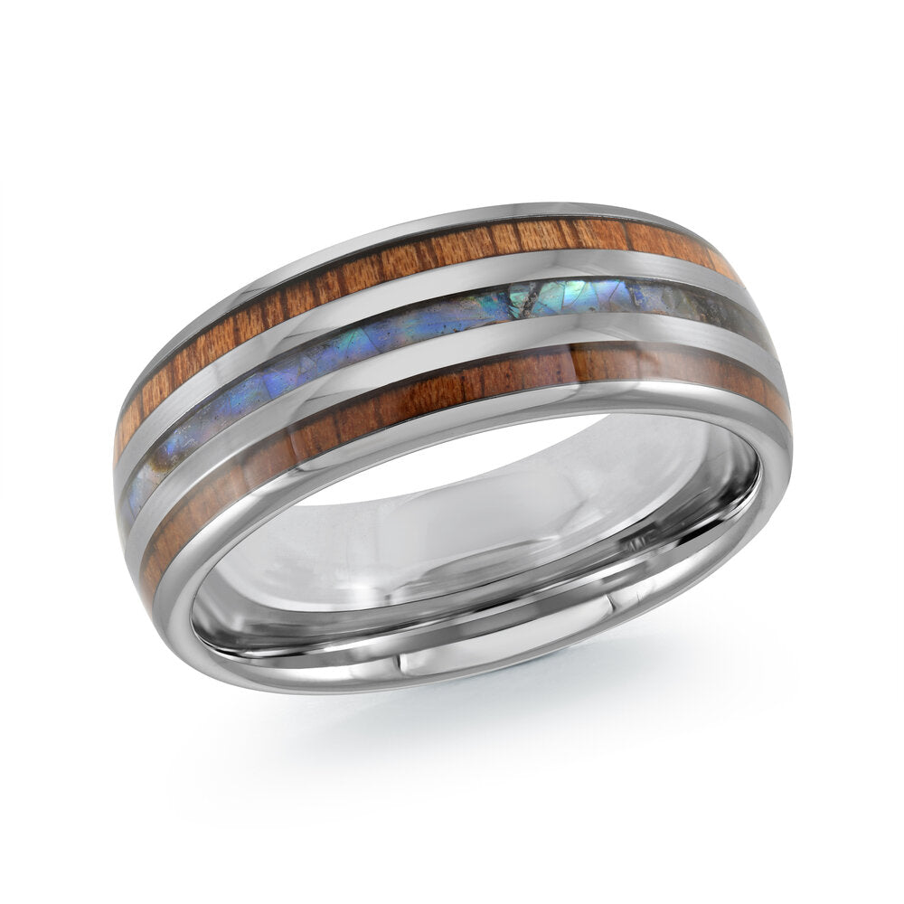 8mm White Tungsten Band with Koa Wood & Abalone Inlays