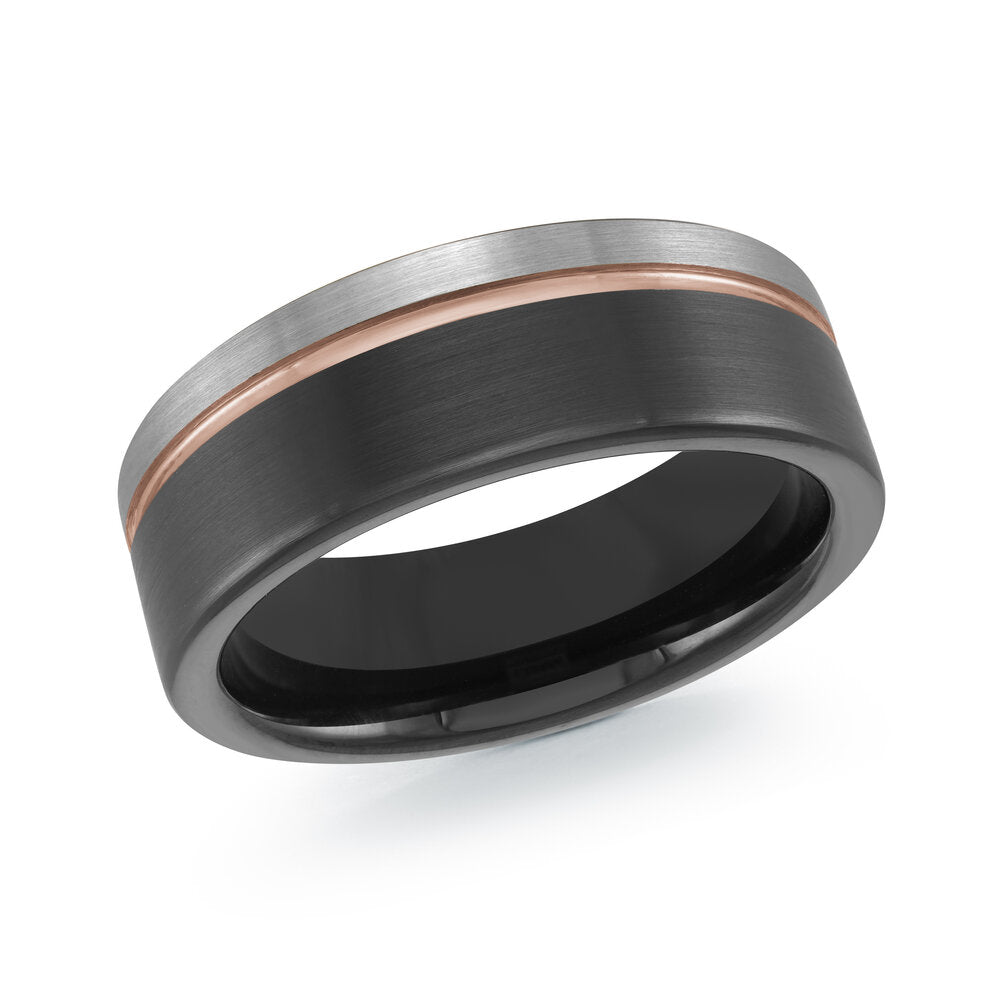 8mm Grey and Black Tungsten Band with Rose Gold Groove