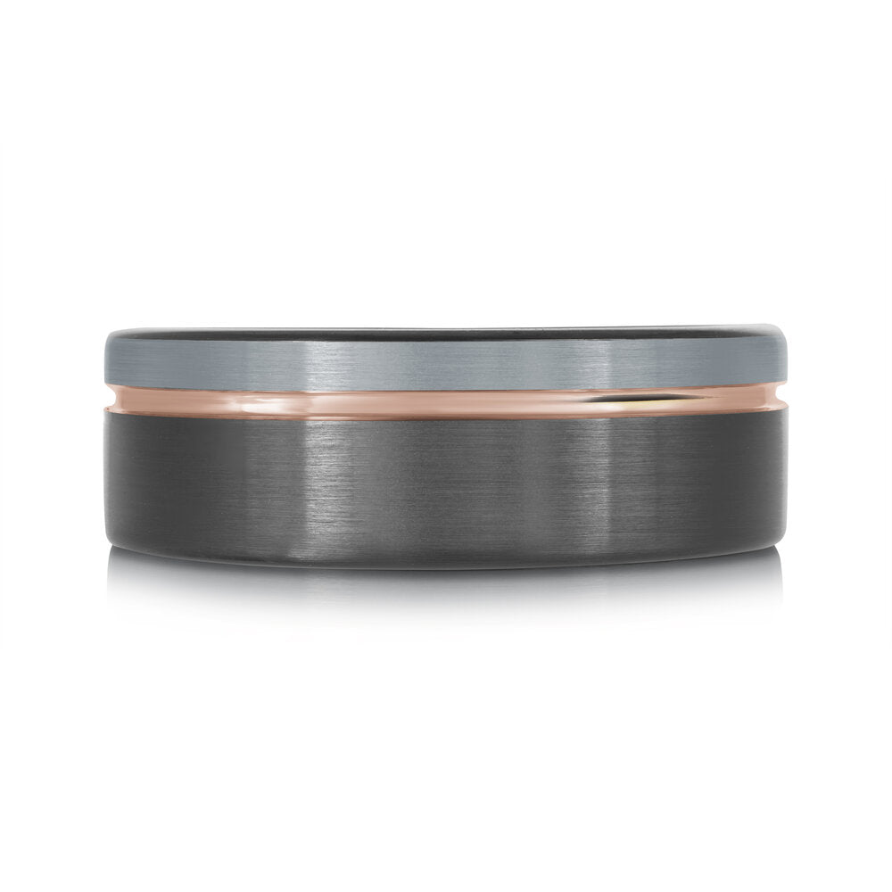8mm Grey and Black Tungsten Band with Rose Gold Groove