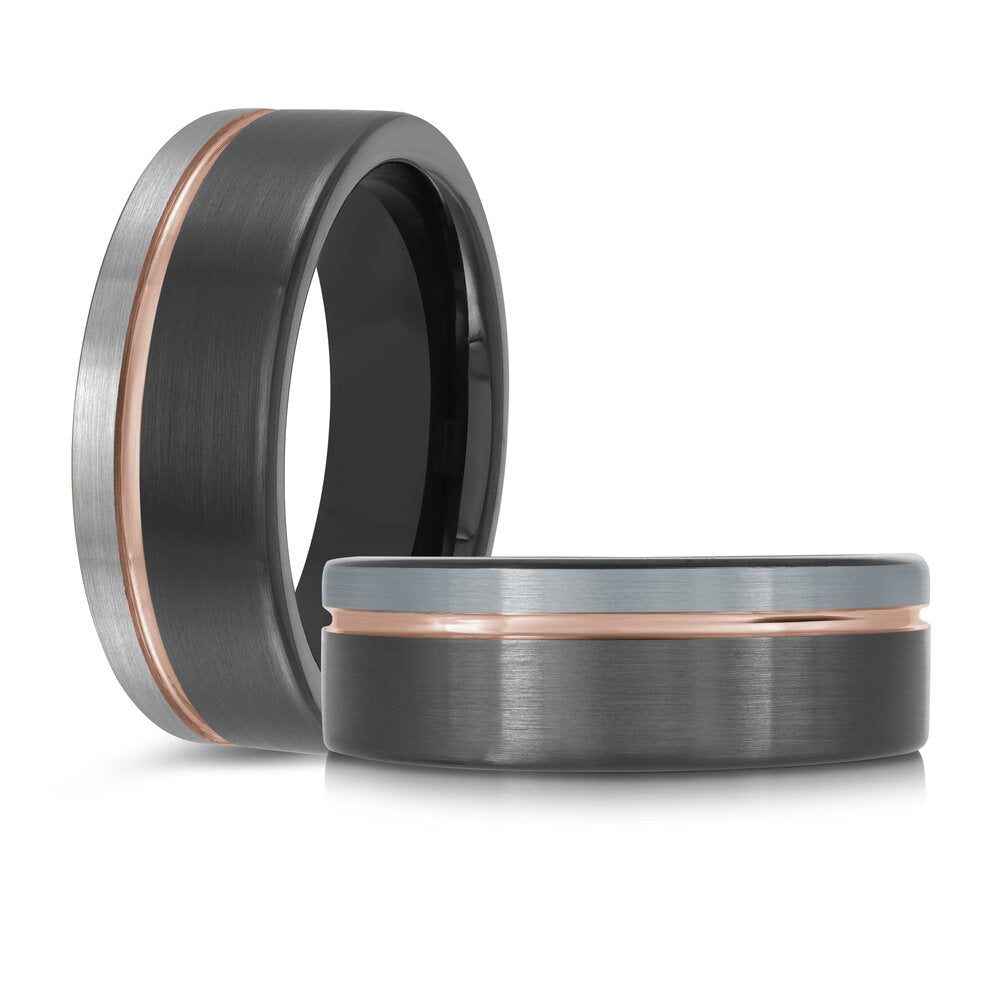 8mm Grey and Black Tungsten Band with Rose Gold Groove