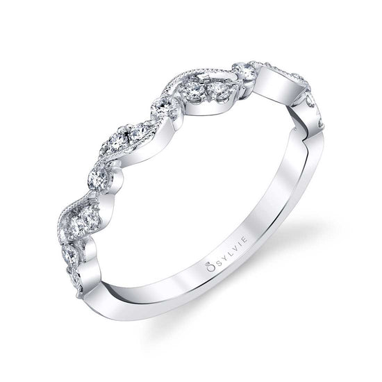 Nathalie Diamond Curved Stackable Band with Milgrain in 14KW