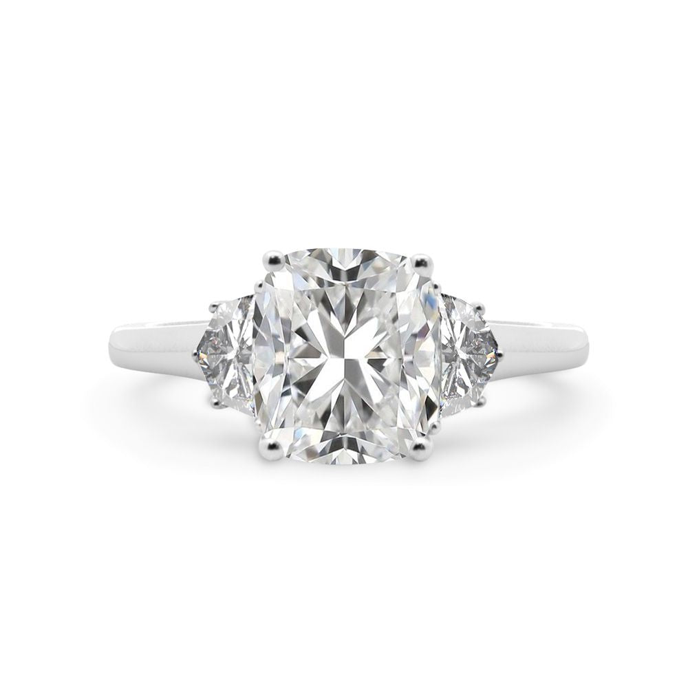 3 Stone Lab Diamond Engagement Ring with Center Cushion & Half Moon Sides in 14KW