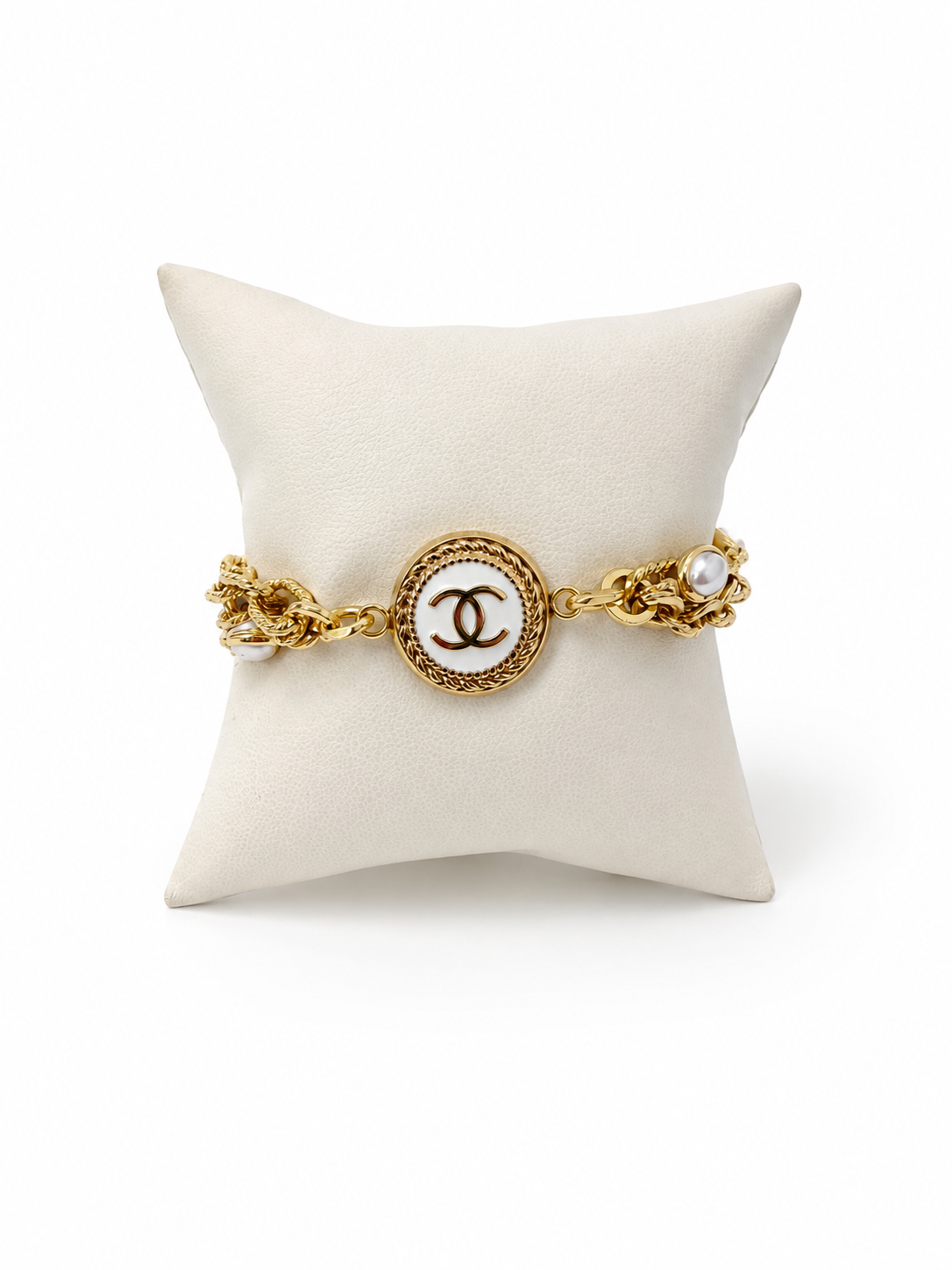 Multi-Chain & Pearl Bracelet with Chanel Logo Button in White/Gold