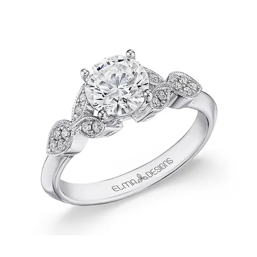 18KW Solitaire Engagement Ring w/ Diamond Leaves Band