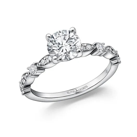 18KW Solitaire Semi Mount Engagement Ring w/ Diamond Scalloped Band