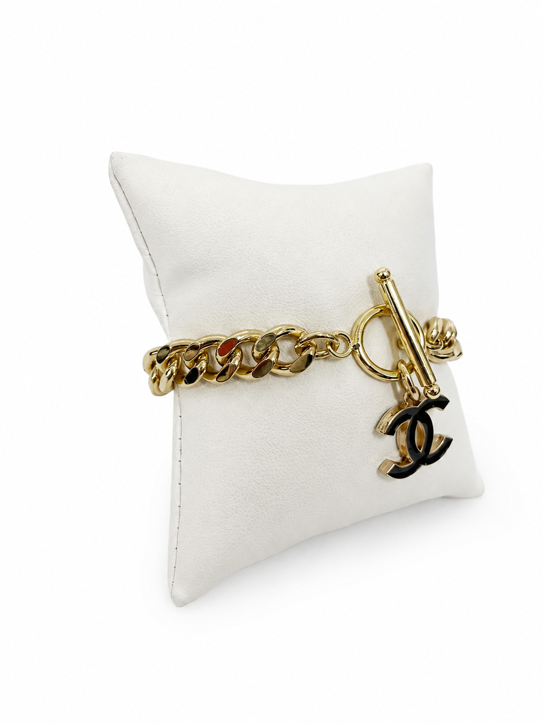 Curb Chain Bracelet with Chanel Logo Button in Black & Gold