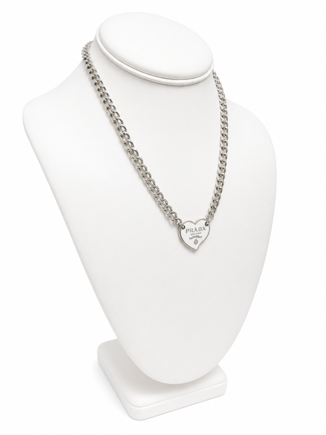 Link Necklace with Prada Logo Heart Charm in White/Silver