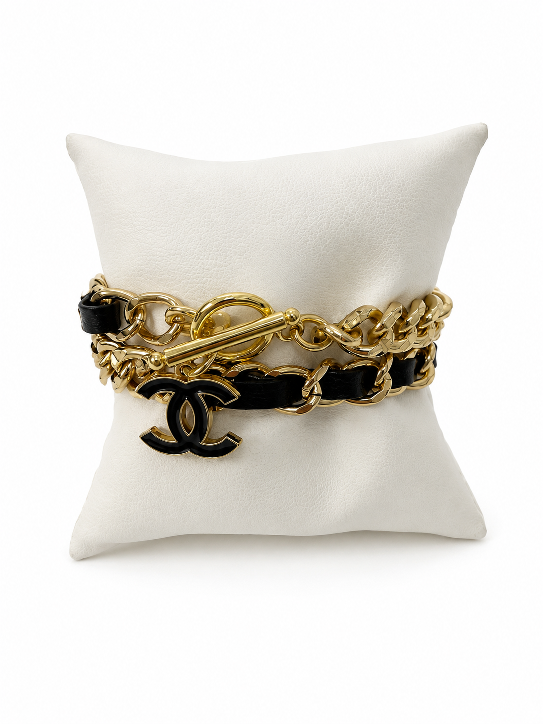Chain Wrap Bracelet with Chanel Logo Button in Black & Gold