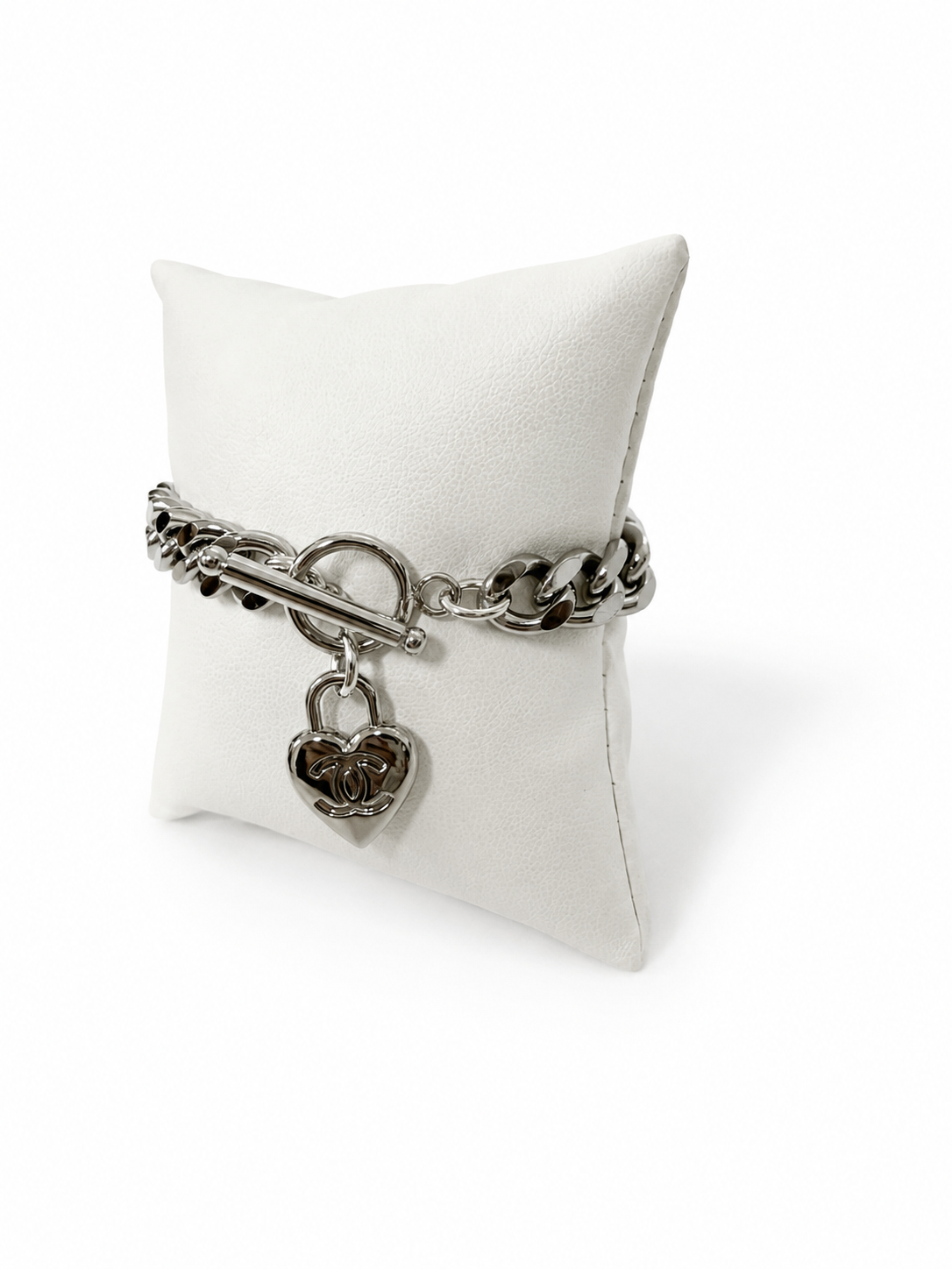 Cuban Chain Bracelet with Chanel Logo Heart Charm in Silver