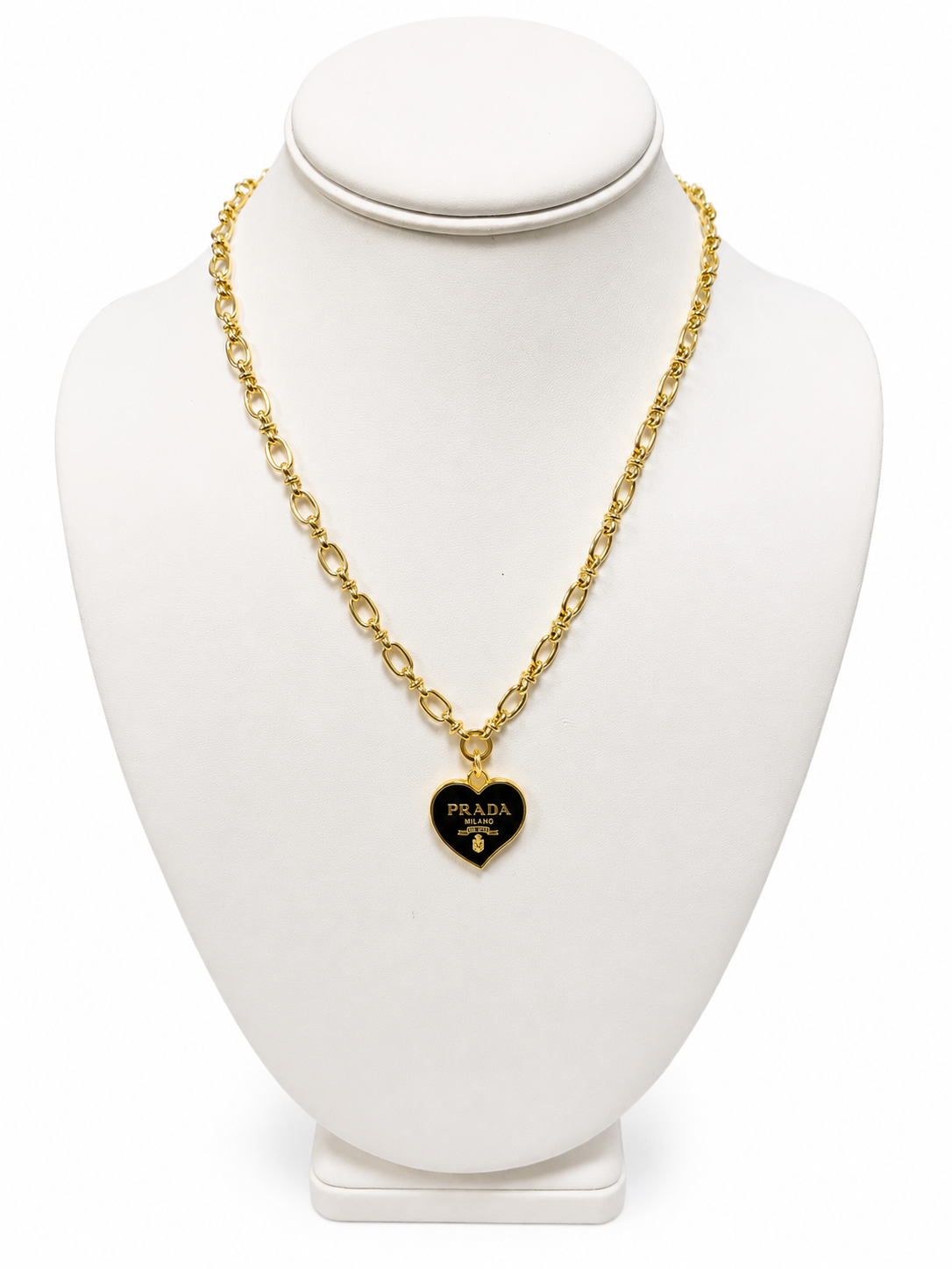 Link Necklace with Prada Logo Heart Charm in Black/Gold