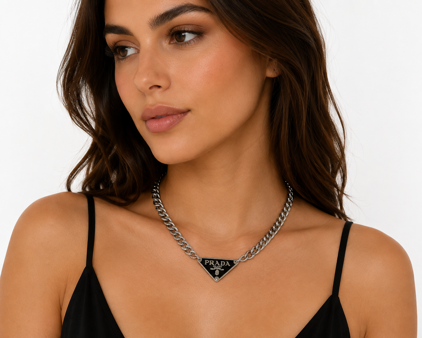 Cuban Chain Necklace with Prada Logo Triangle in Silver/Black