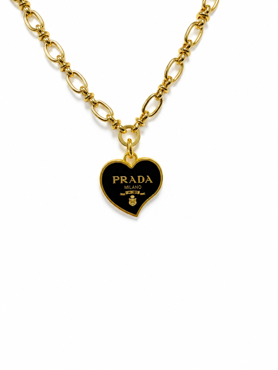 Link Necklace with Prada Logo Heart Charm in Black/Gold