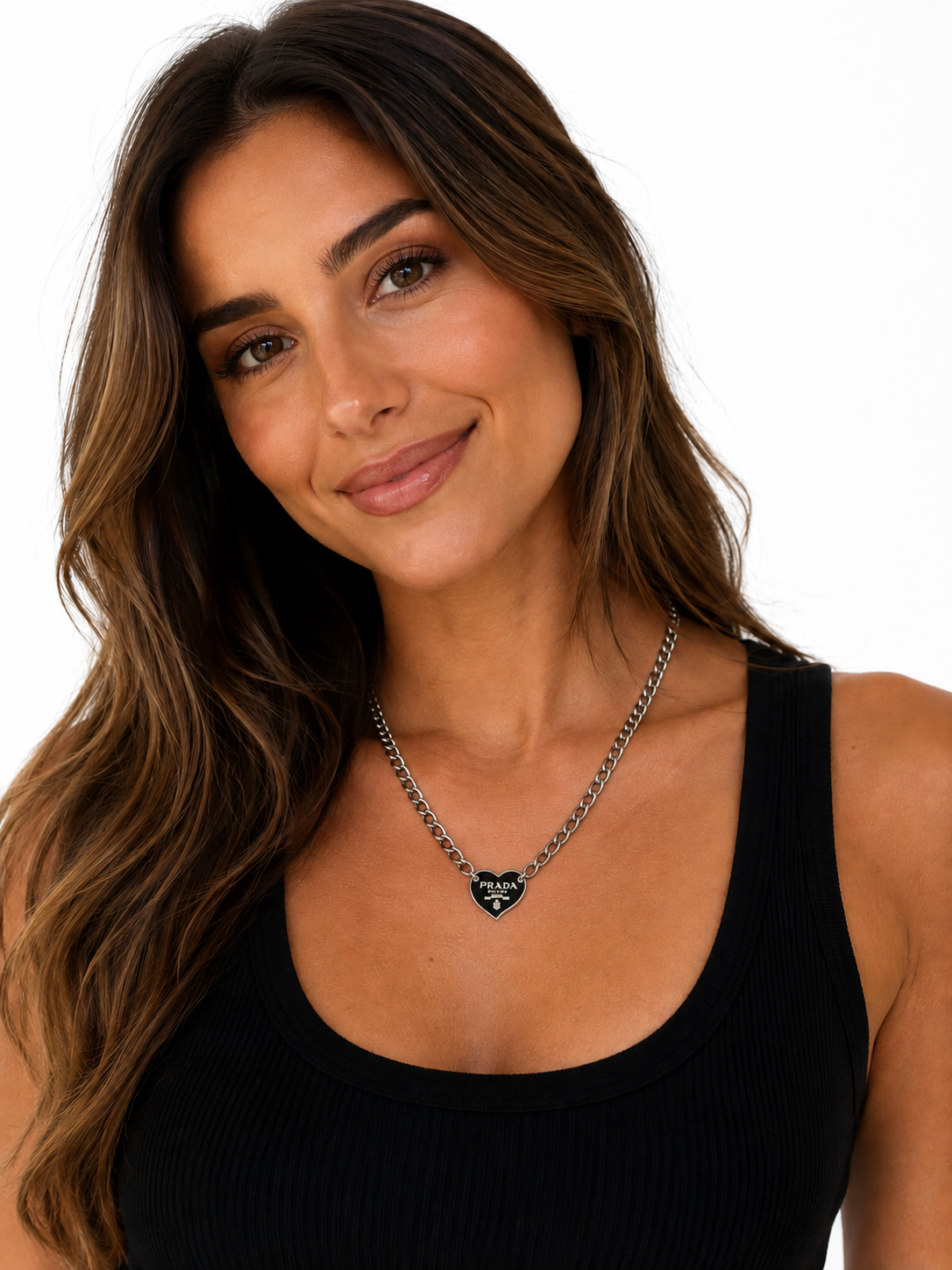 Link Necklace with Prada Logo Heart Charm in Black/Silver