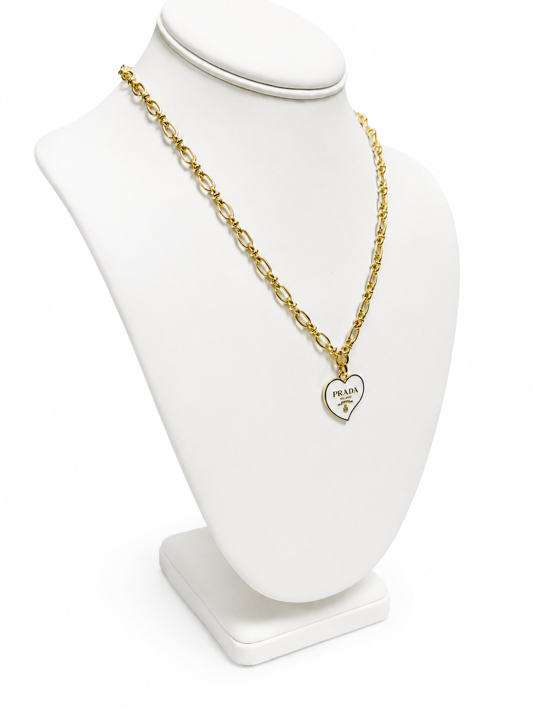 Link Necklace with Prada Logo Heart Charm in White/Gold
