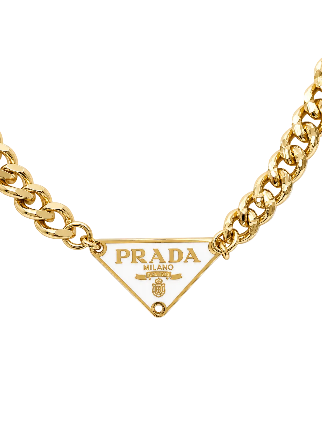 Cuban Chain Necklace with Prada Logo Triangle in White/Gold