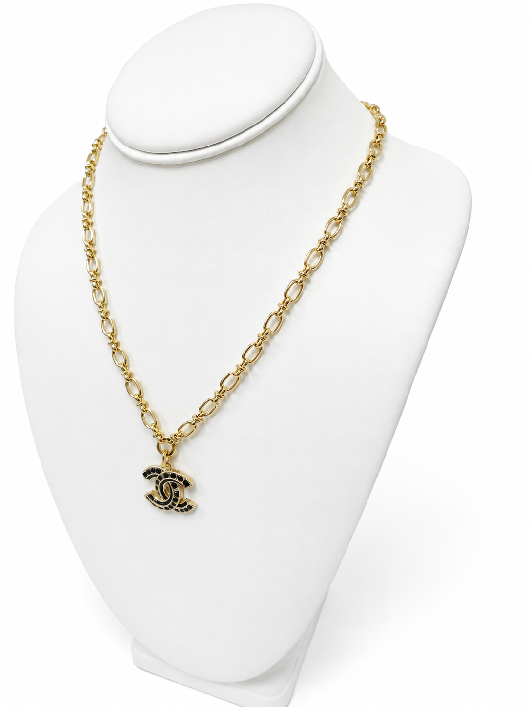 Gold Link Necklace with Chanel Logo Button Charm in Black/Gold