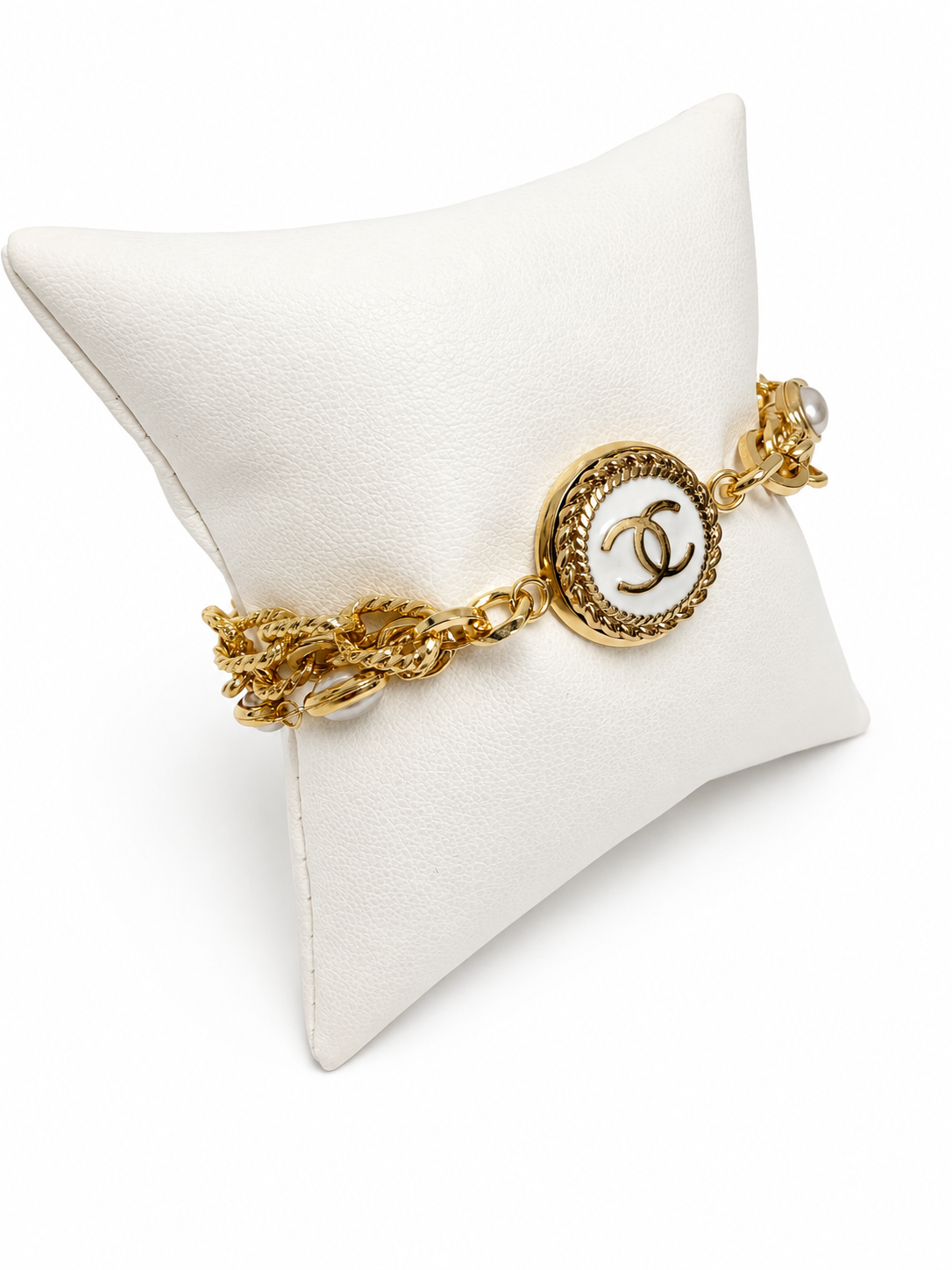 Multi-Chain & Pearl Bracelet with Chanel Logo Button in White/Gold