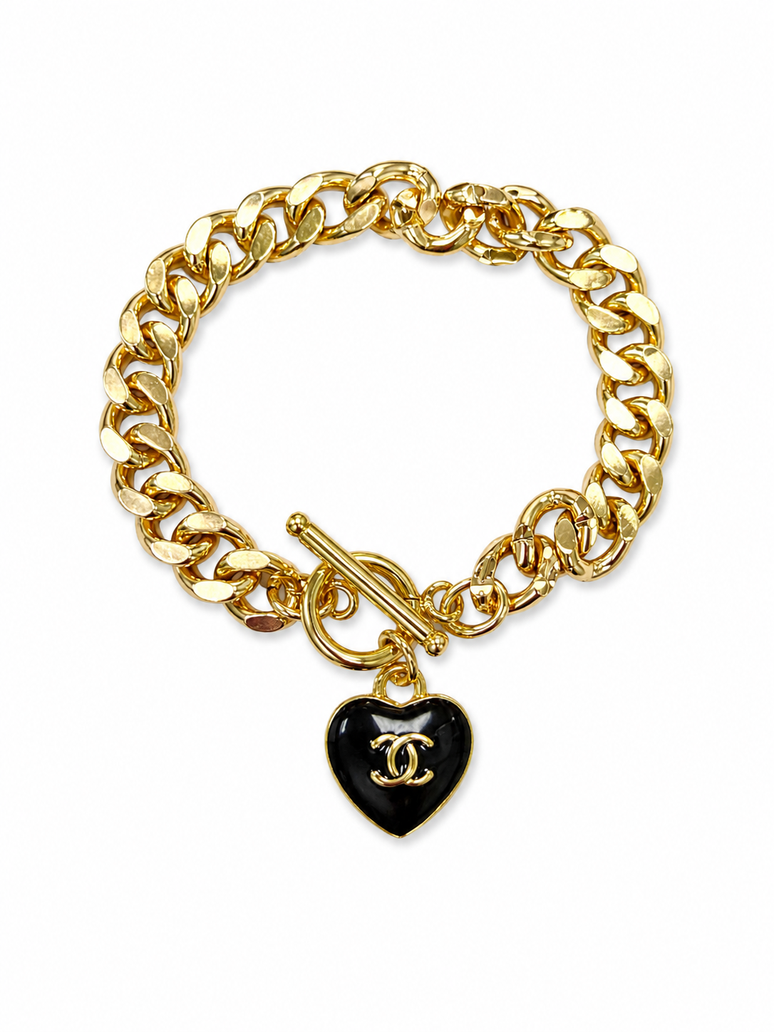 Curb Chain Bracelet with Chanel Logo Button Heart Charm in Black/Gold
