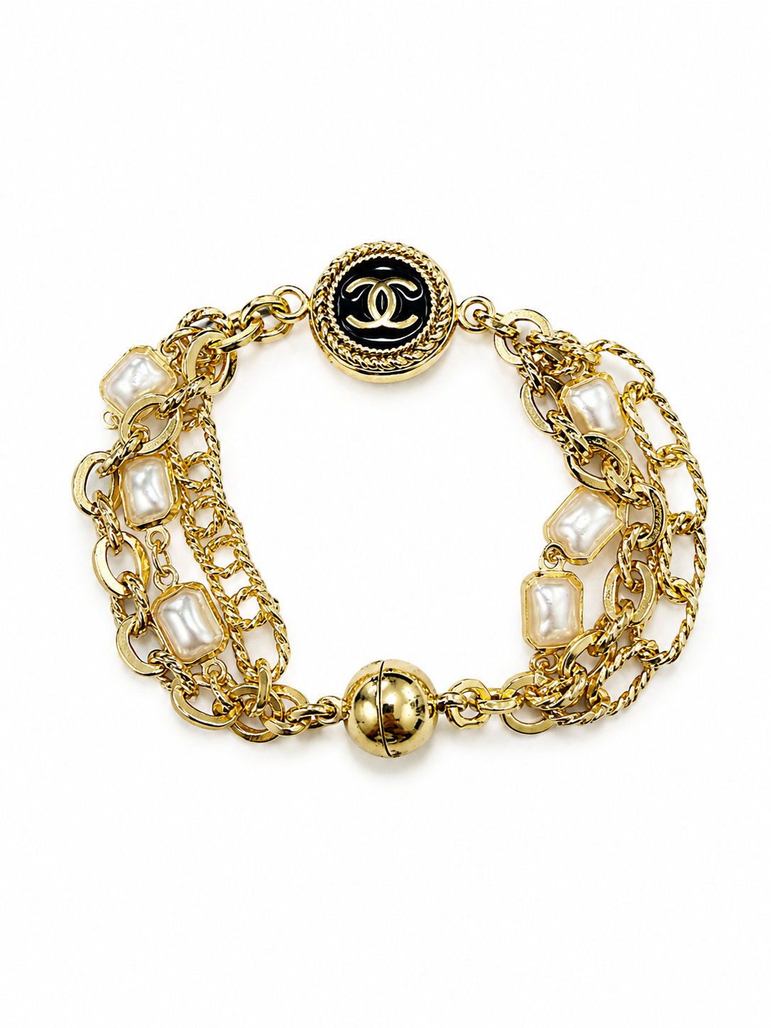 Multi-Chain & Pearl Bracelet with Chanel Logo Button in Black/Gold