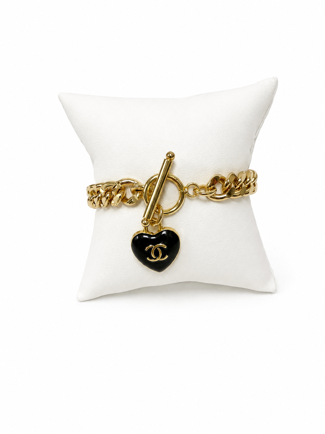 Curb Chain Bracelet with Chanel Logo Button Heart Charm in Black/Gold