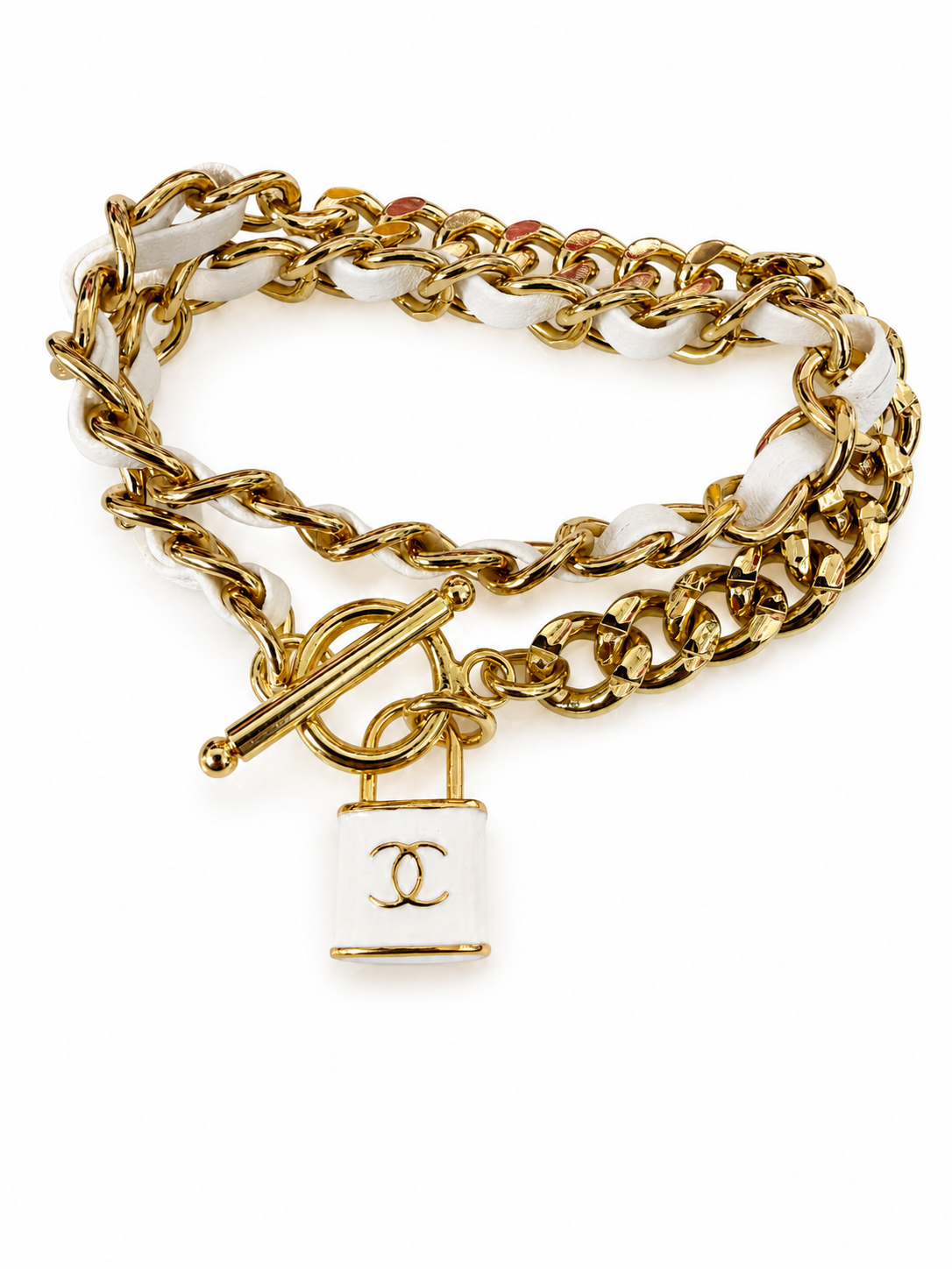Chain Wrap Bracelet with Chanel Logo Button in White/ Gold