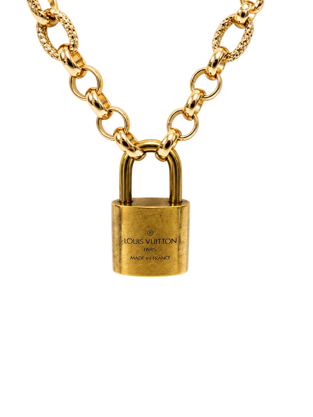 Link Necklace with Louis Vuitton Padlock and Key in Gold