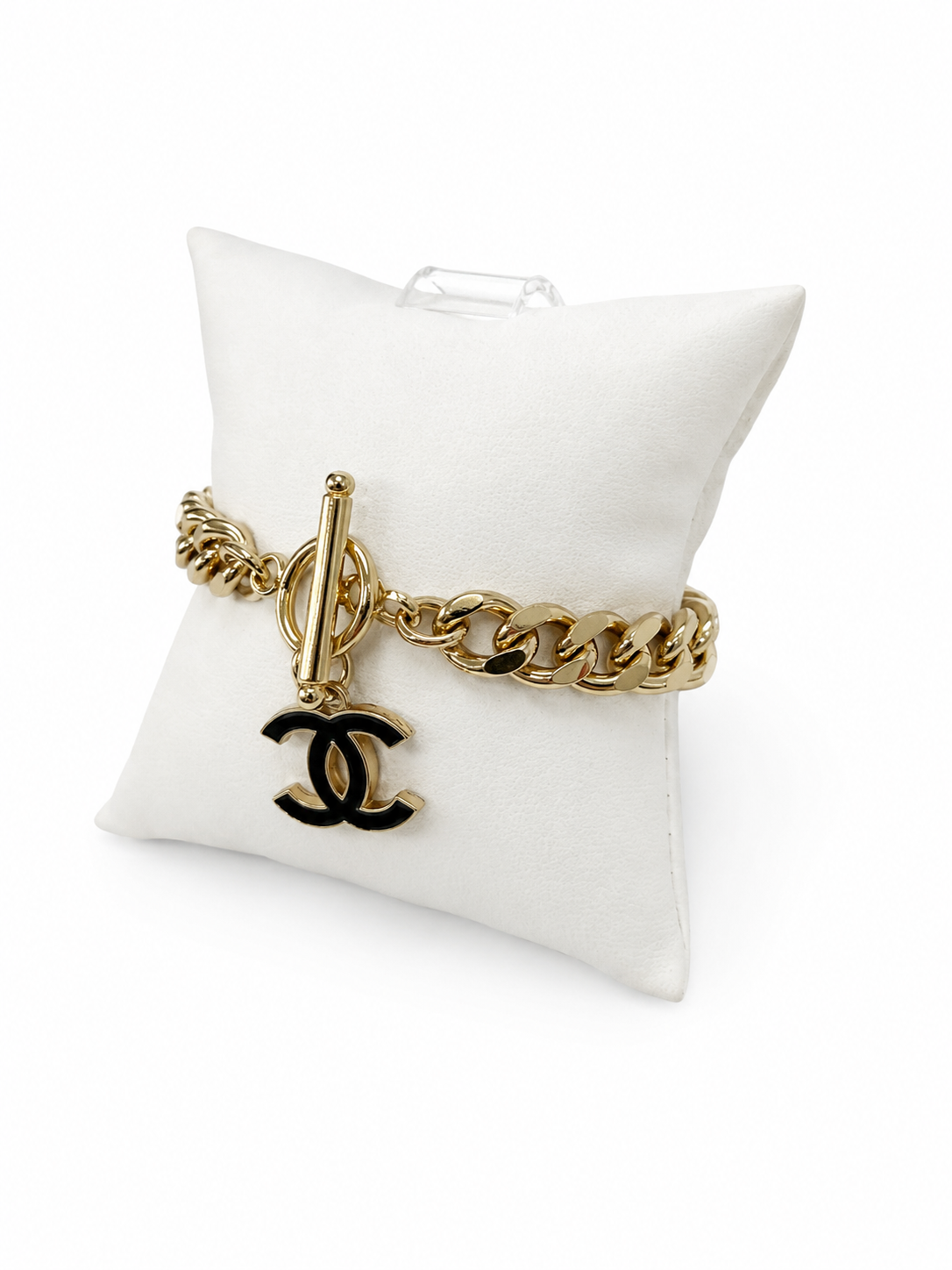 Curb Chain Bracelet with Chanel Logo Button in Black & Gold