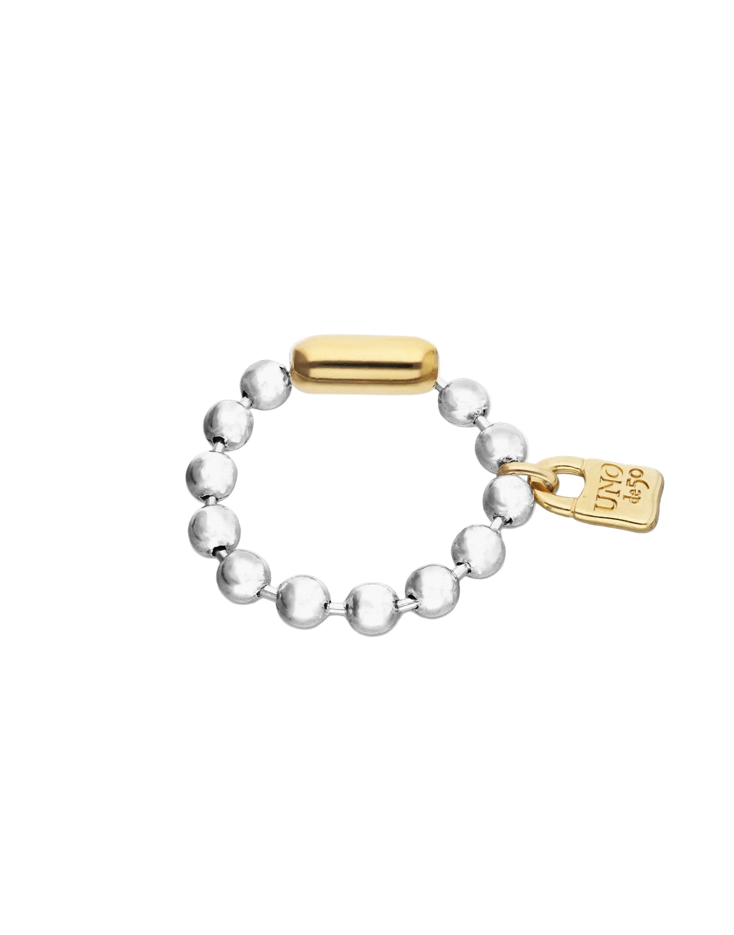 Bracelet with silver beads and gold lock charm on a white background