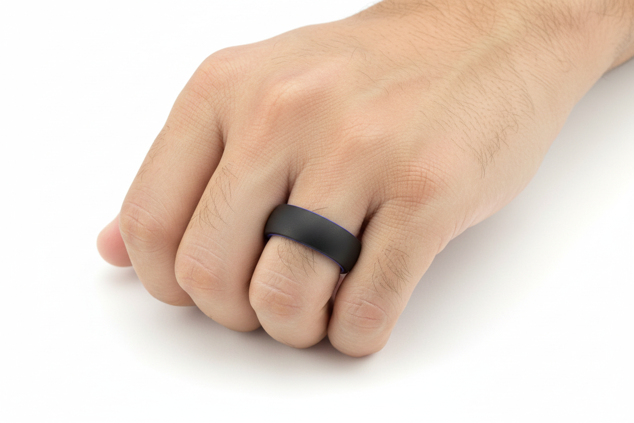 Black & Blue Tungsten Ring on Men's Hand
