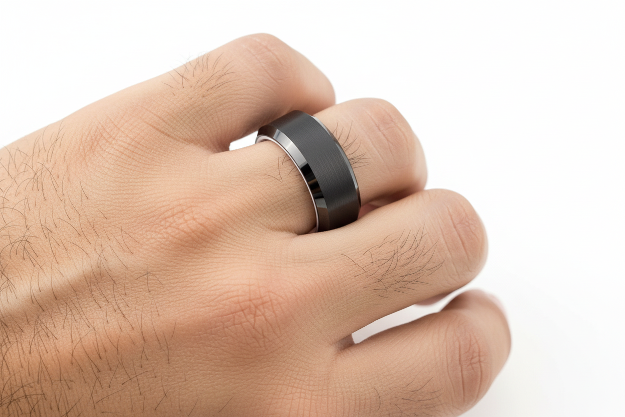 Black Tungsten Ring on Men's Hand with Knuckle Hair