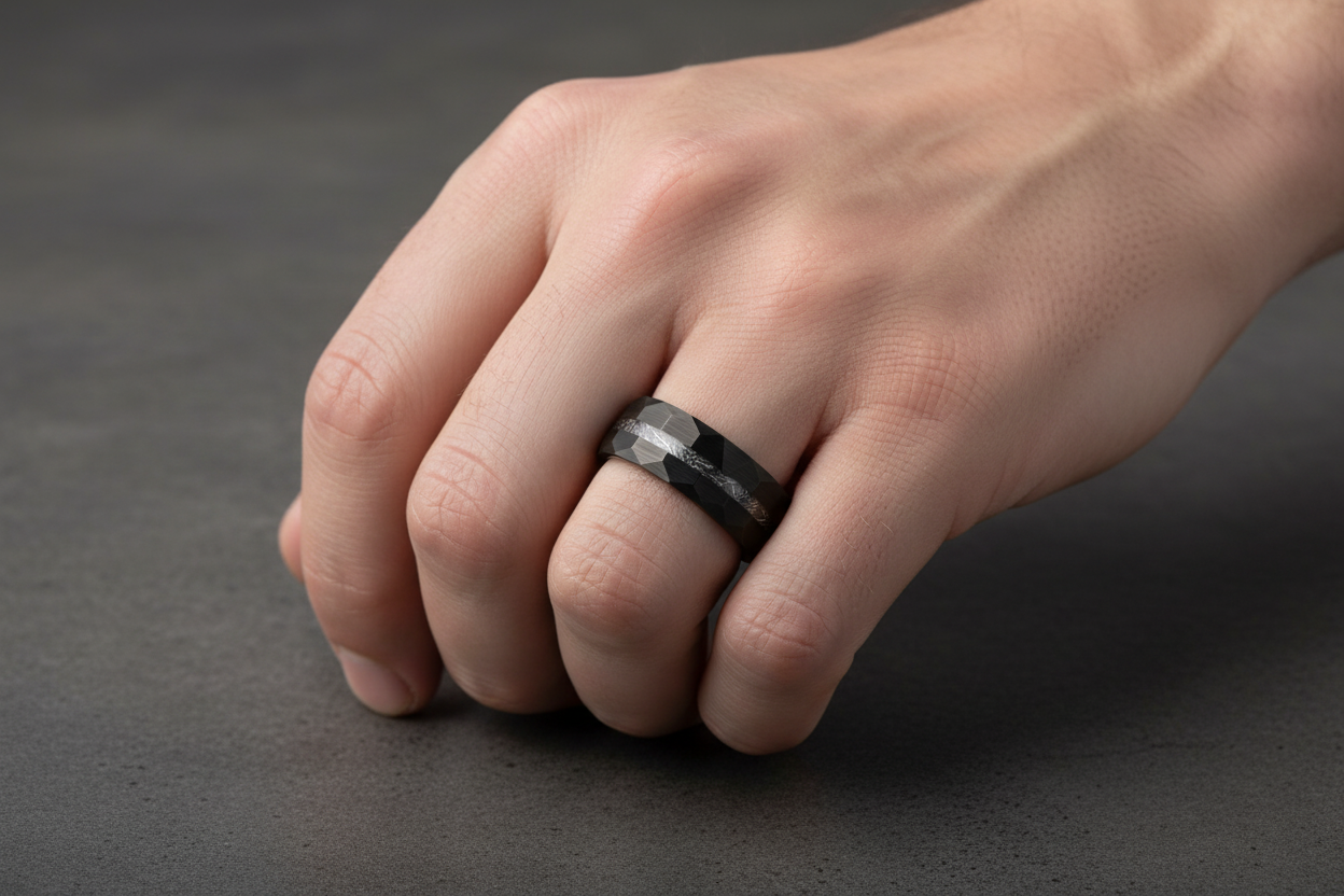 Black Tungsten Ring on Men's Hand