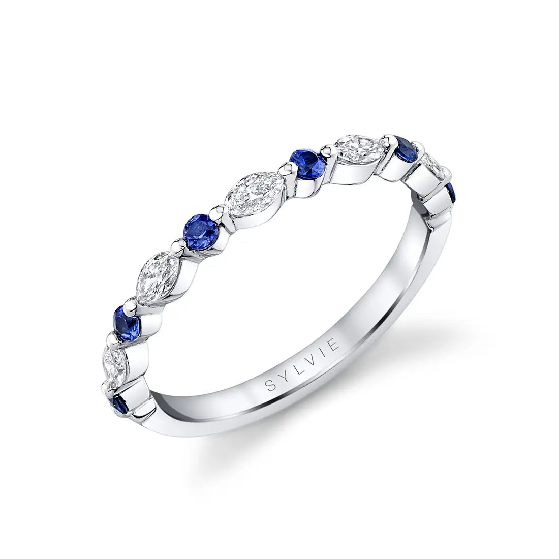 Blue Sapphire & Marquise Diamond Band in 14KW