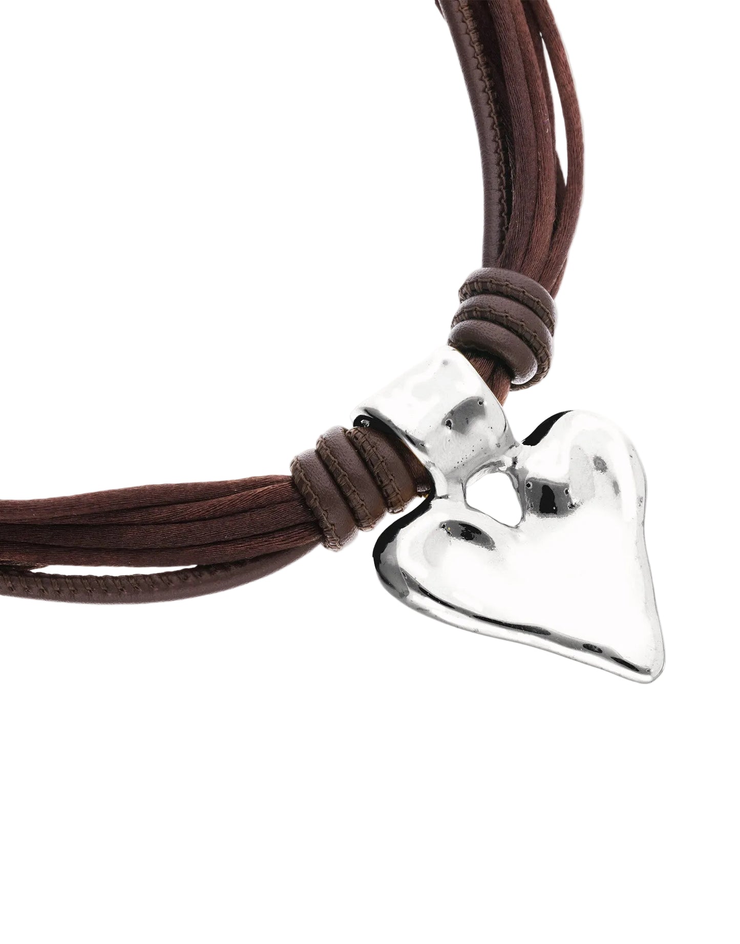 Bracelet with brown leather straps and a silver bell-shaped clasp on a white background