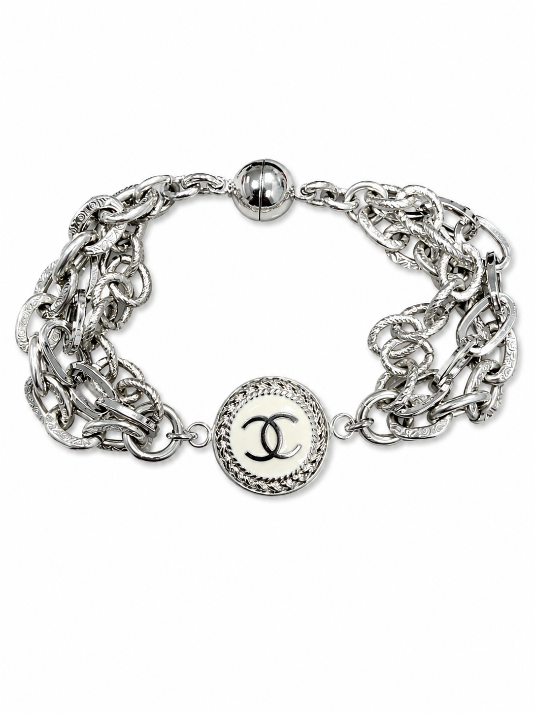Multi-Chain Bracelet with Chanel Logo Button in White/Silver