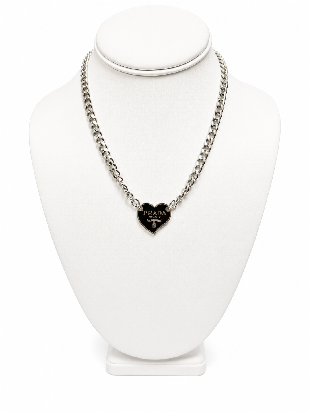 Link Necklace with Prada Logo Heart Charm in Black/Silver